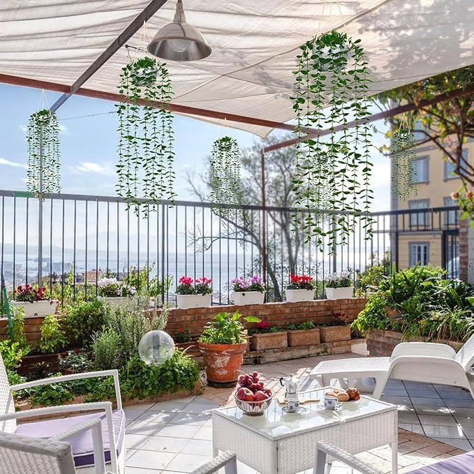 Dremisland Fake Hanging Plants with Pots 2Pack Faux Hanging Basket Plant Macrame Plant Hanger with Fake Vines Faux Hanging Planter for Wall Ceiling Home Bedroom Indoor Decor (Eucalyptus-2PCS)