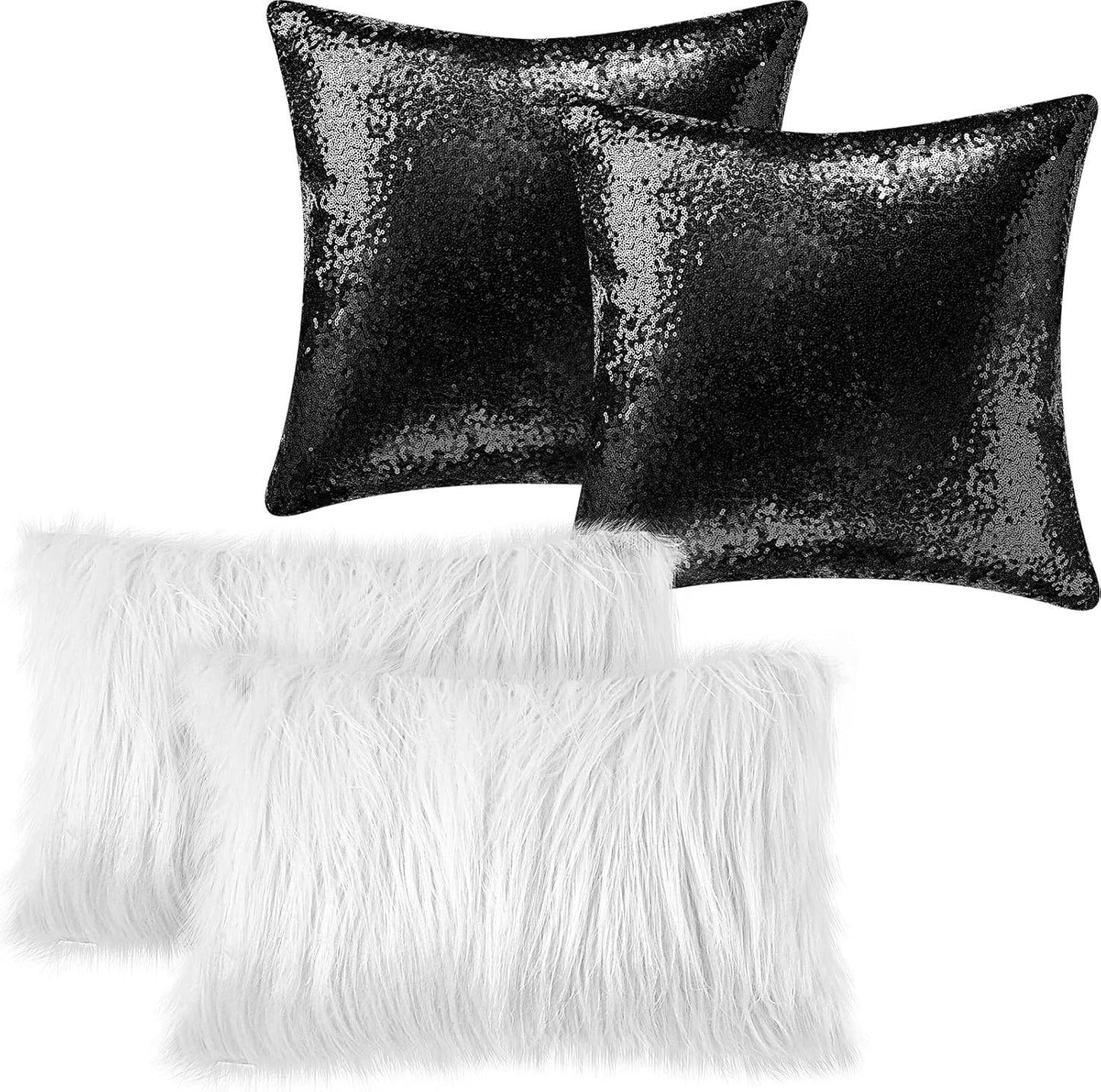 Irenare 4 Pcs Sequin and Fluffy Pillow Covers Winter Throw Pillow Cases Soft Cushion Cover for Couch Bed Sofa Xmas Day(18 x 18 Inch, 12 x 20 Inch,White, Black)