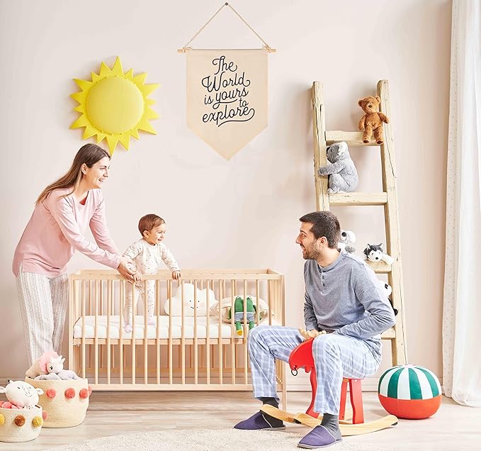 The World Is Yours To Explore-Adventure Flag Sign Gifts for Baby Newborn Boys Girls Kids-Banner Wall Decor Gifts for Nursery Bedroom Playroom Front Door-Baby Gift Shower-New Home Gift