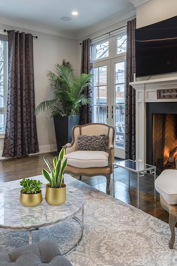 Vixdonos Gold Metal Flower Pots Brass-Toned Garden Planters, 7.1/6.3 Inch Indoor Round Succulent Containers, Pack 2 Cactus Plant Pots with Drainage Hole