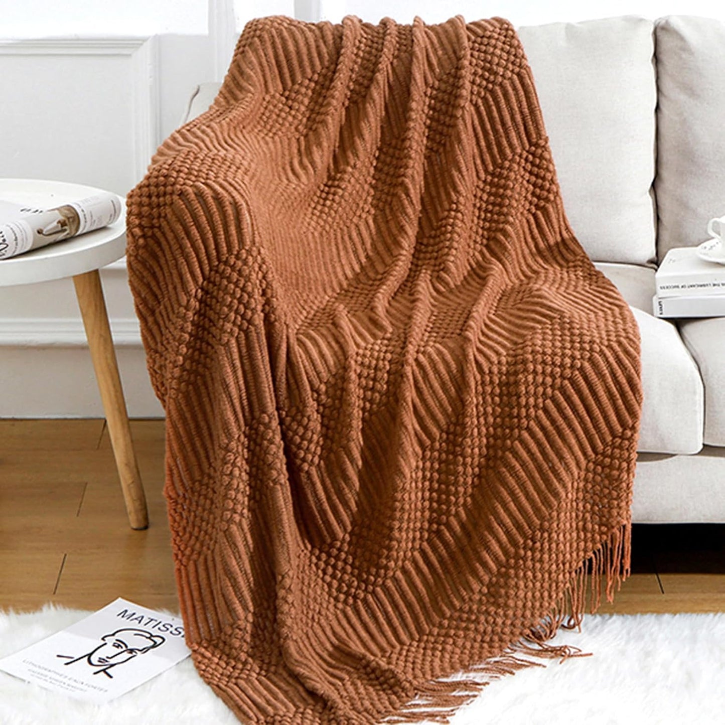 Blagic Knitted Throw Blanket for Couch and Bed, Soft & Cozy Knit Blanket with Tassel, Burnt Orange Lightweight Decorative Blankets & Throws, Farmhouse Warm Woven Blanket for All Seasons,50" W x 60" L