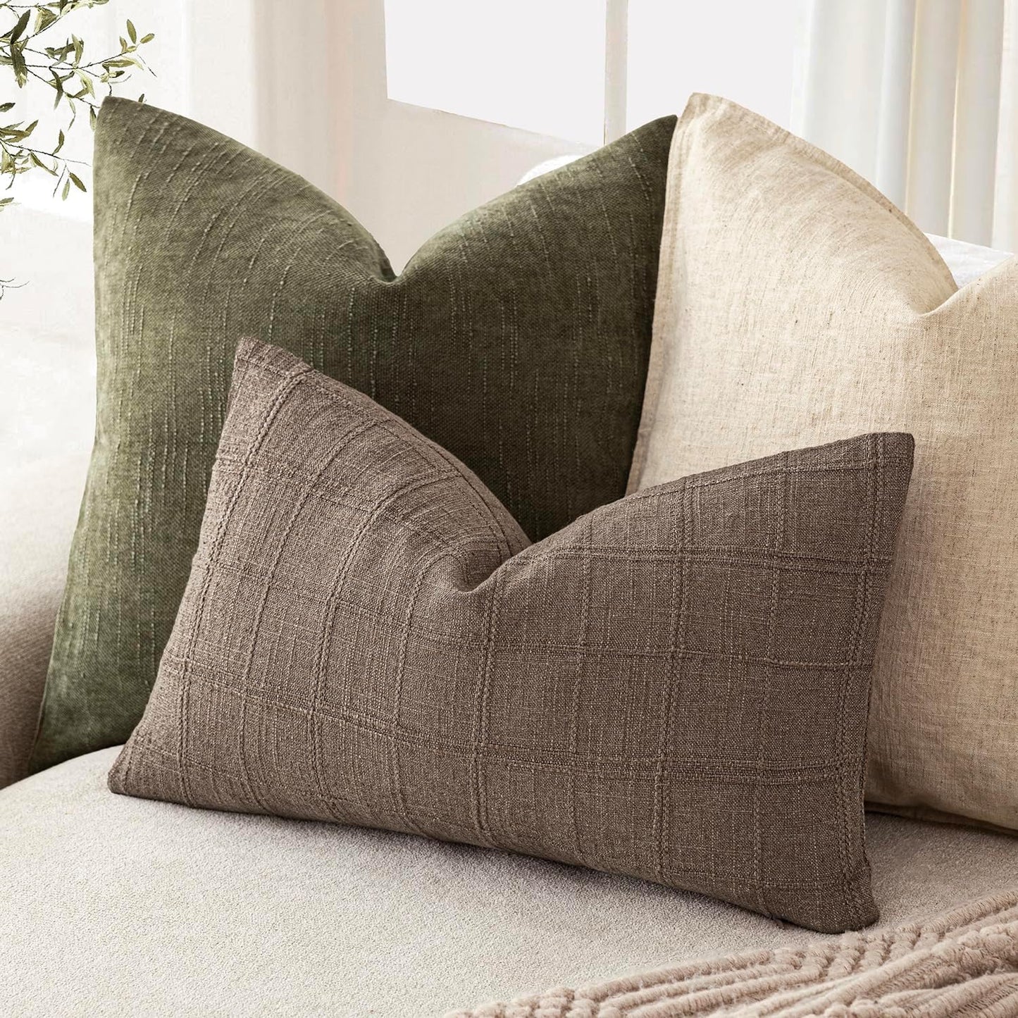 Foindtower Set of 2 Decorative Linen Check Throw Pillow Covers Neutral Farmhouse Lumbar Cushion Covers Modern Boho Home Decor for Sofa Chair Couch Bedroom Living Room,12×20 Inch,Taupe Grey