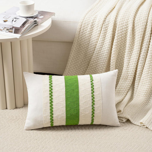 Fancy Homi Set of 1 Boho Lime Green Lumbar Decorative Throw Pillow Cover 12x20 Inch for Couch Bed Sofa Chair, Modern Organic Farmhouse Home Decor, Soft Cotton Cute Accent Rectangle Cushion Case