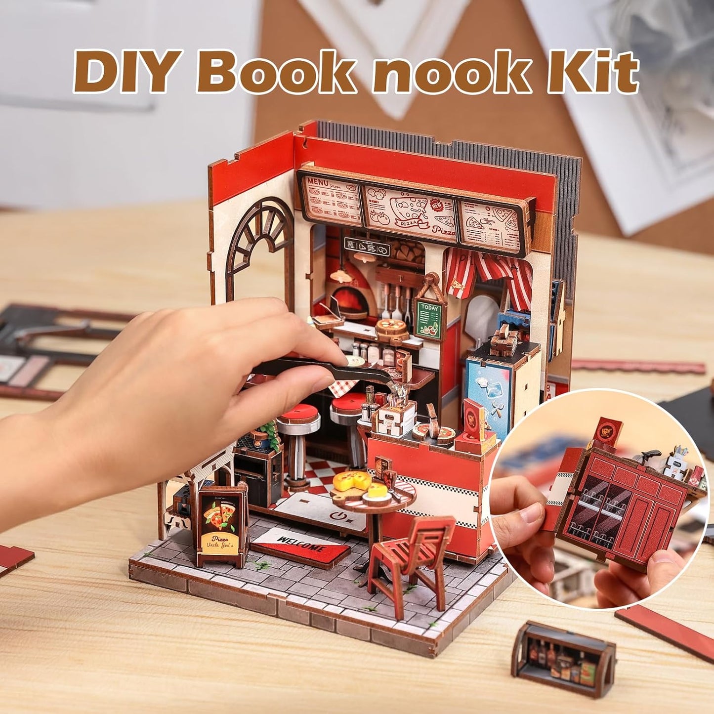 Fsolis Book Nook Kit - 3D Wood Puzzles for Adults, 285 pcs, DIY Bookshelf Scene Miniature Kit, Tiny House Mini Craft Model Gifts for Women (Uncle Joe's Pizzeria)
