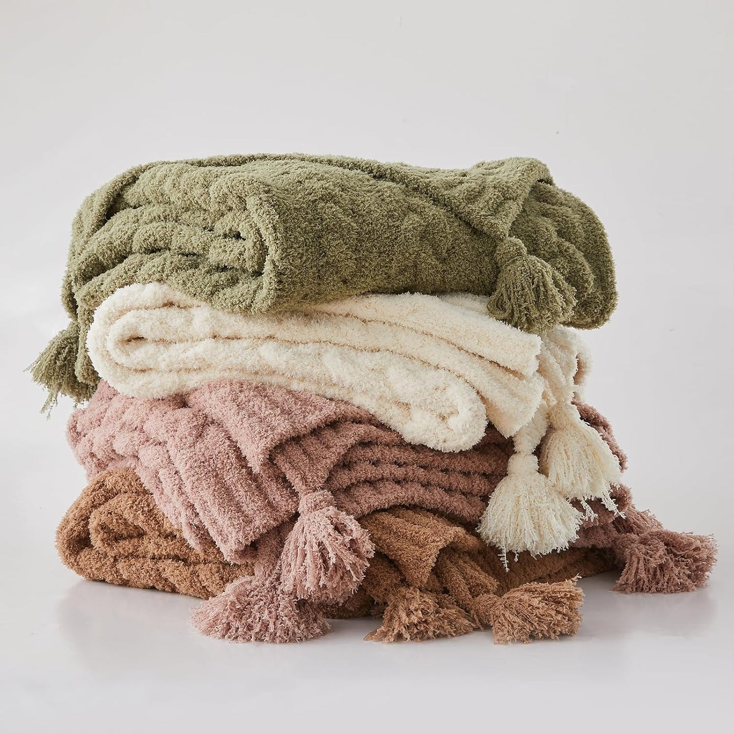 HORIMOTE HOME Chenille Chunky Knit Throw Blanket for Couch with Tassels, Soft Cozy Blanket for Sofa Chair Bed, Cream, 50"x 60"