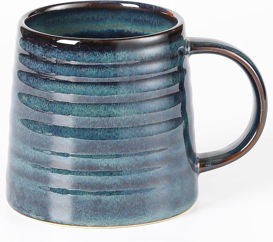 Large Ceramic Coffee Mugs, Handmade Pottery Mug, Tea Cups with Handle for Office and Home, 16 oz, Dishwasher and Microwave Safe (Blue Green)
