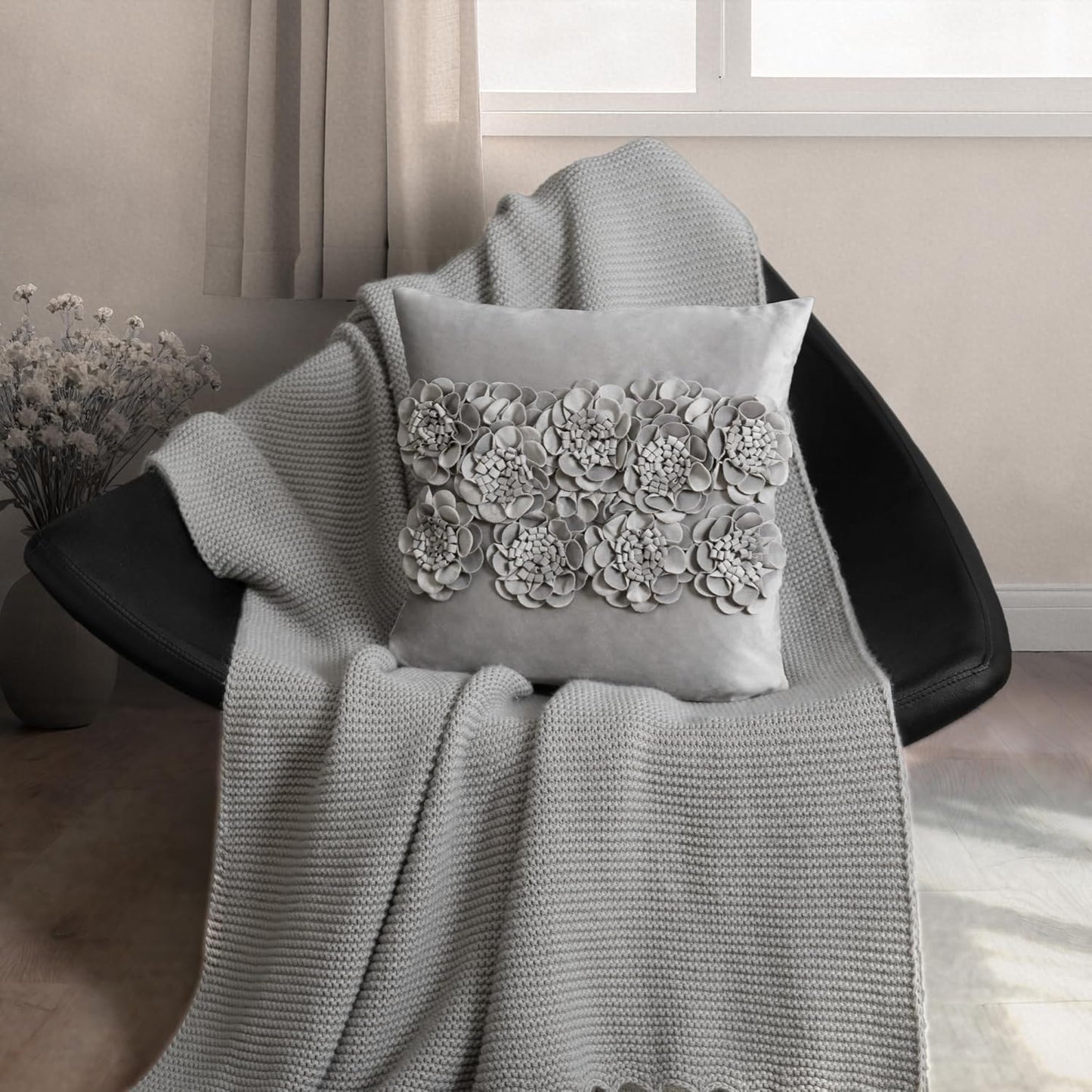 JWH Handmade 3D Flower Throw Pillow Covers Aesthetic Decorative Colorful Floral Accent Pillow Cases Stereo Pillowcase Cute Cushion for Car Bed Couch Bedroom Decor 18x18 Inch Gray