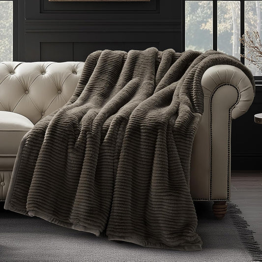 EVERGRACEHOME Ultra Soft Faux Fur Throw Blanket for Couch, Luxury Sculpted Texture Faux Rabbit Fur Blanket for Bed, Fluffy Thick Plush Warm Fuzzy Throw, 920GSM (Dark Taupe, 60''x80'')