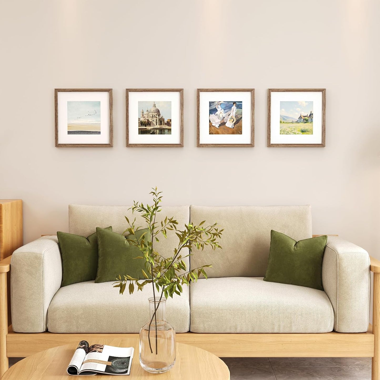 KINLINK 12x12 Picture Frame, Brown Square Solid Wood Frames for Pictures 8x8 with Mat or 12x12 without Mat, Wall Display Photo Frames Brown Wood 4 Pack