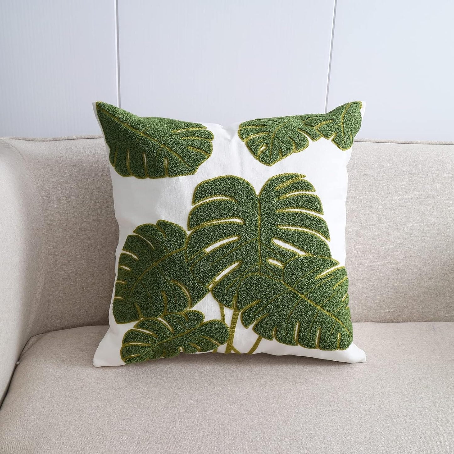 Embroidery Throw Pillow Cover 18x18 Green 7 Tropical Monstera Leaves Loop Plant Floor Pillow Cover for Couch Gift 100% Cotton Decorative Cushion Cover Home Décor Pillow Case 45x45cm, 1 Piece