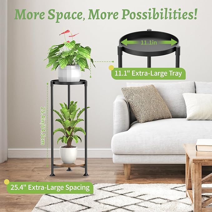 KMOTASUO 2 Tier Black Plant Stand Indoor for Large Tall Heavy Duty Planter, Multiple Sturdy Metal Flower Corner Rack for Narrow House Floor, Iron Vertical Level Round Orchi Holder Organizer, Modern