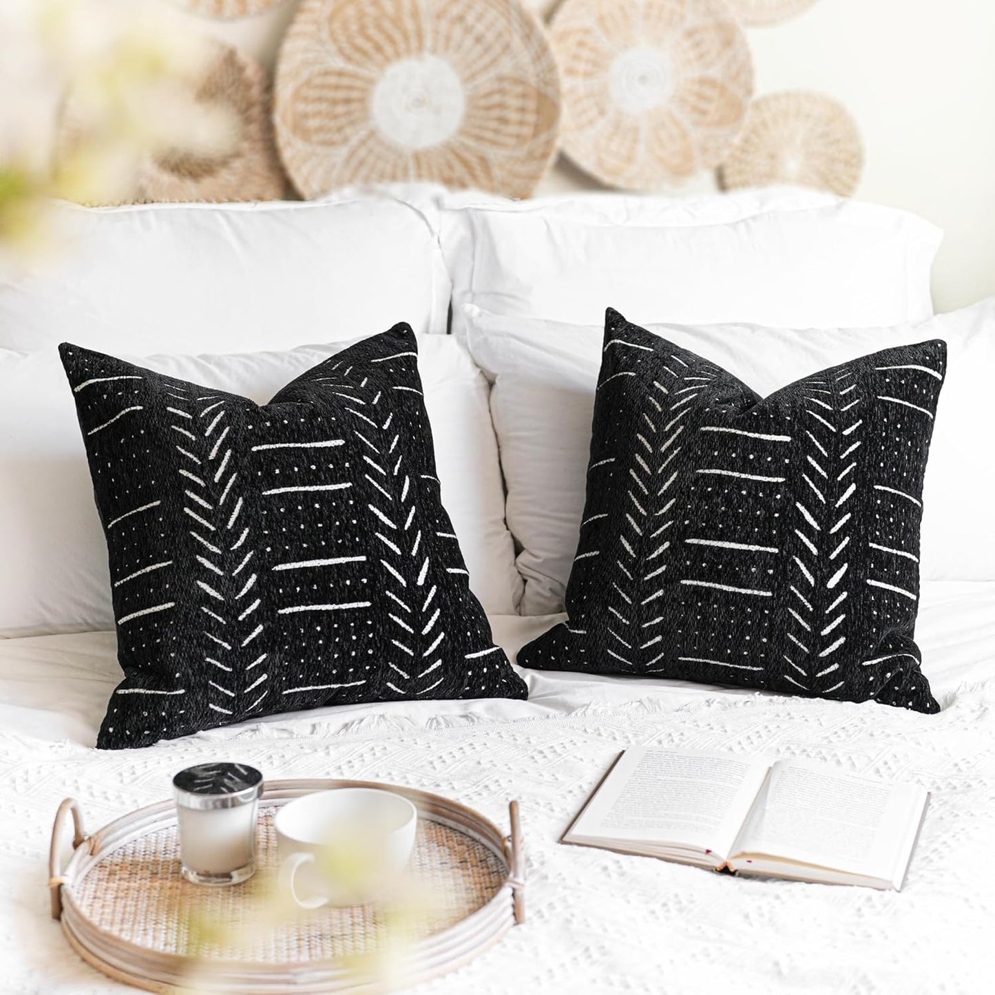 BlissBlush Black Decorative Throw Pillow Covers 18X18, Set of 2, Boho Farmhouse Cushion Cover, Cozy Soft Accent Pillowcase for Couch Sofa Bed Living Room Home Décor