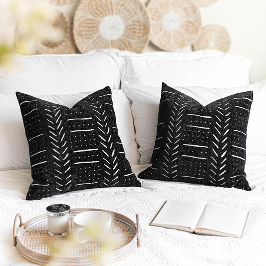BlissBlush Black Decorative Throw Pillow Covers 18X18, Set of 2, Boho Farmhouse Cushion Cover, Cozy Soft Accent Pillowcase for Couch Sofa Bed Living Room Home Décor
