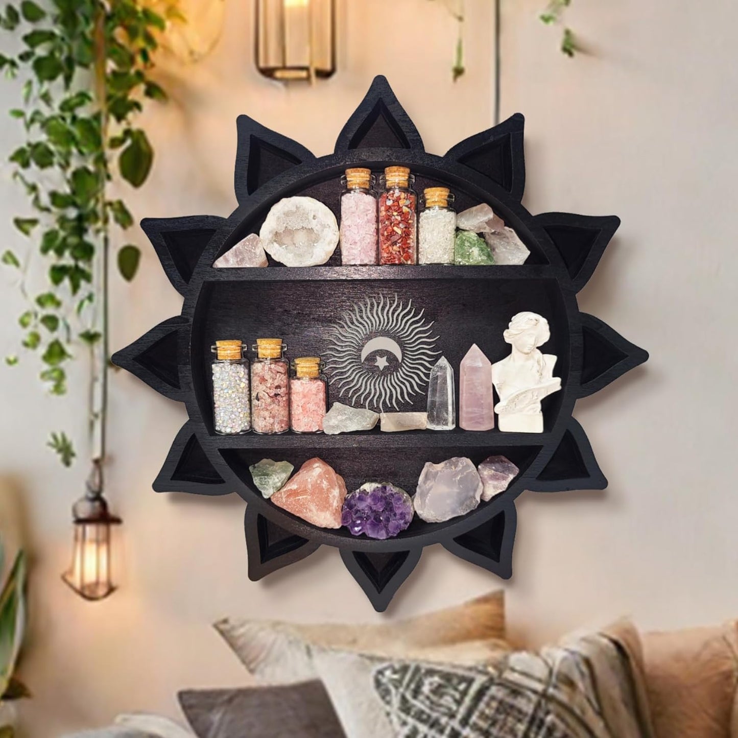 Crystal Shelf Display for Wall, Crystal Display Shelf Chakra Wooden Lotus Flower Crescent Moon Shelf Wall Decor, Decorative Home Floating Shelf Stone Storage Gem Holder Boho Hanging Organizer