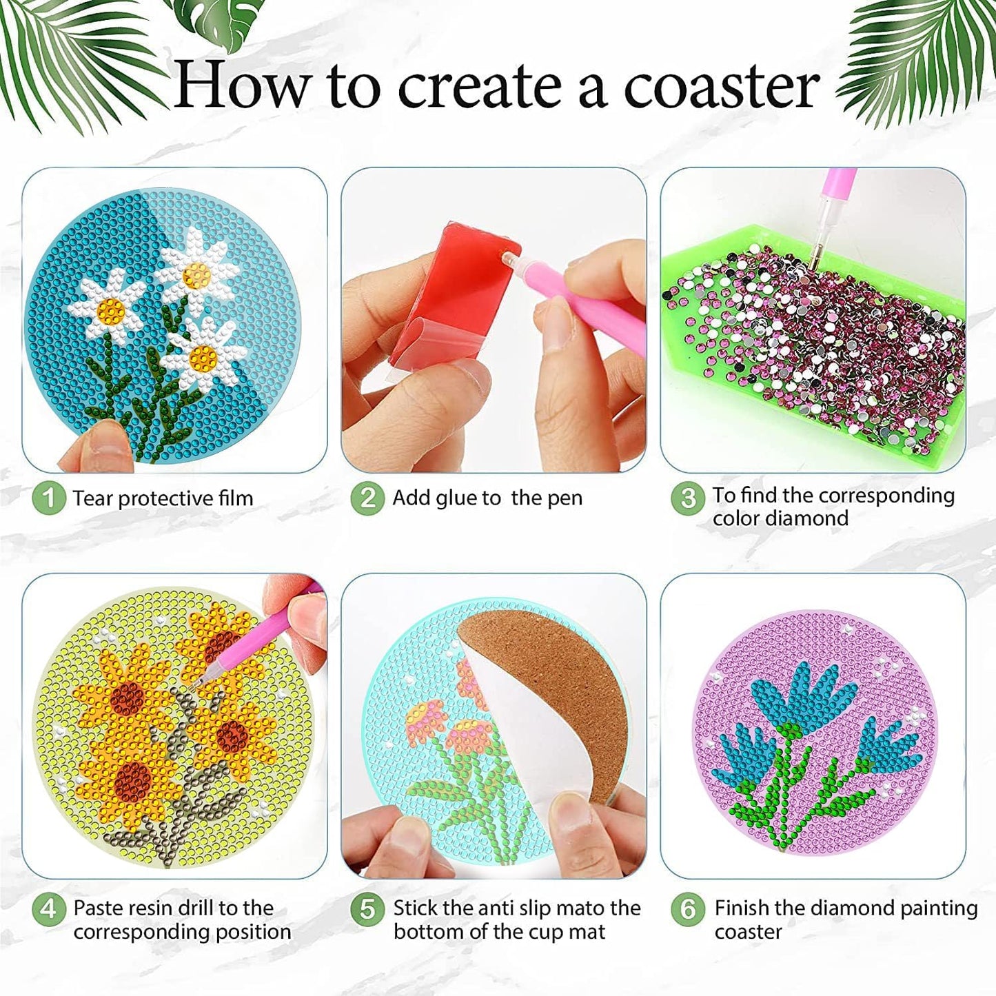 DOTSOPS 6 Pcs Diamond Painitng Kits for Adults Diamond Art Coasters with Holder for Adults Beginners Diamond Craft Gem Dots for Christmas Birthday Flowers