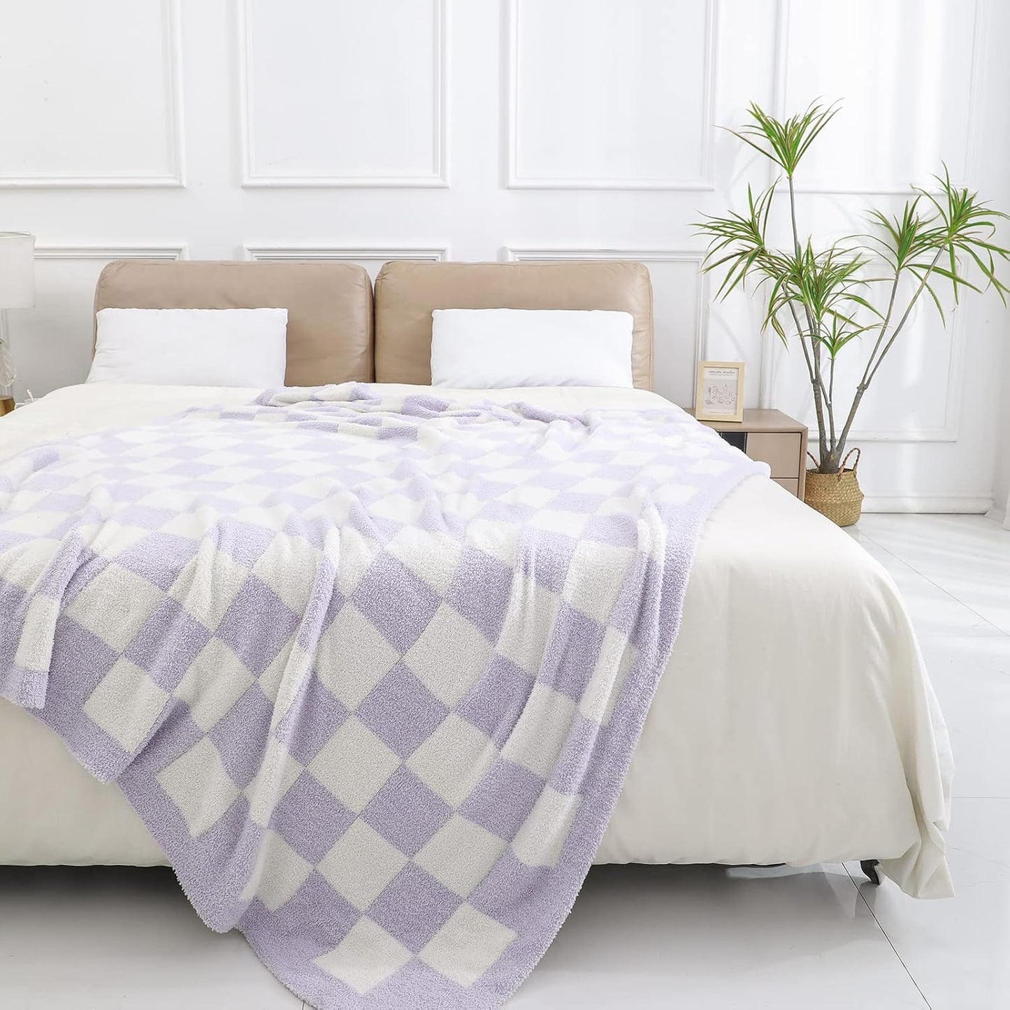 bearberry Fuzzy Checkerboard Grid Throw Blanket Soft Cozy Warm Microfiber Bed Blanket Decor for Couch Sofa Bed Travel Home (Purple, 60''x80'')