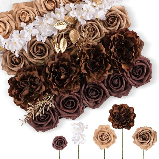 TINGE TIME Artificial Flowers Combo Set, Gradient Color Flower Leaf with Stems for DIY Wedding Bouquets Centerpieces Baby Shower Party Home Decorations (Mocha Brown)