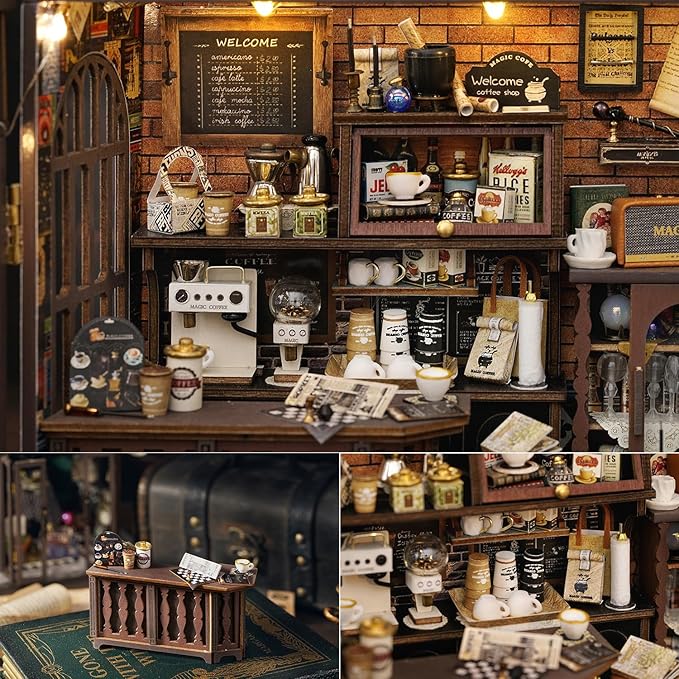 TuKIIE DIY Miniature Dollhouse Kit with Furniture, 1:24 Scale Creative Room Opened & Closed Wooden Doll House Plus Dust Proof for Kids Teens Adults(Vintage Coffee Shop)