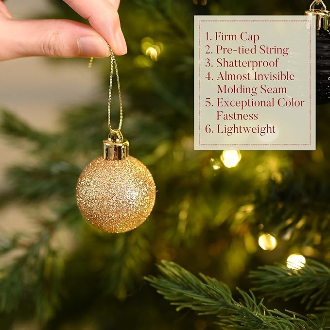Valery Madelyn 1.57 Inches Small Christmas Tree Decorations Ornament Set for Fall Halloween, 24ct Black and Gold Shatterproof Hanging Ball Ornaments Holiday Party Decor