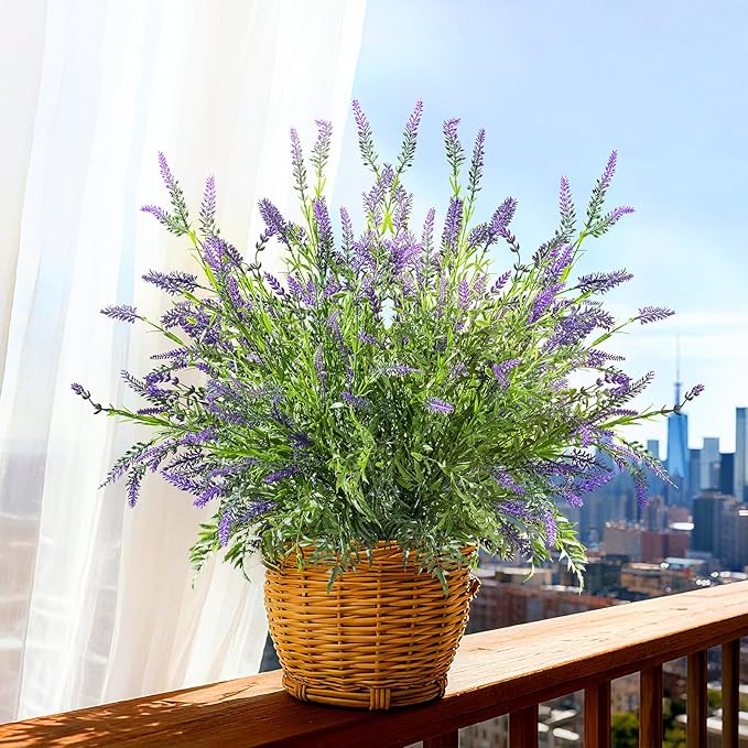 2 Bundles Artificial Lavender Flower Artificial Greenery Stems Fake Lavender Flower Plant Real Touch Silk Faux Plants Branches for Indoor Porch Patio Greenery Farmhouse Garden Office Decor (Type 1)