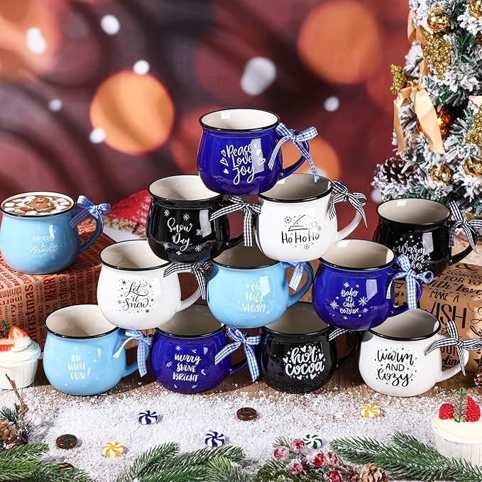 Zubebe Christmas Coffee Mugs Set of 12, 12 oz Hot Cocoa Ceramic Holiday Mugs Set for Mom, Woman, Family, Friend - Farmhouse Tiered Tray Decor, Coffee Bar Decor(Blue, White, Black)