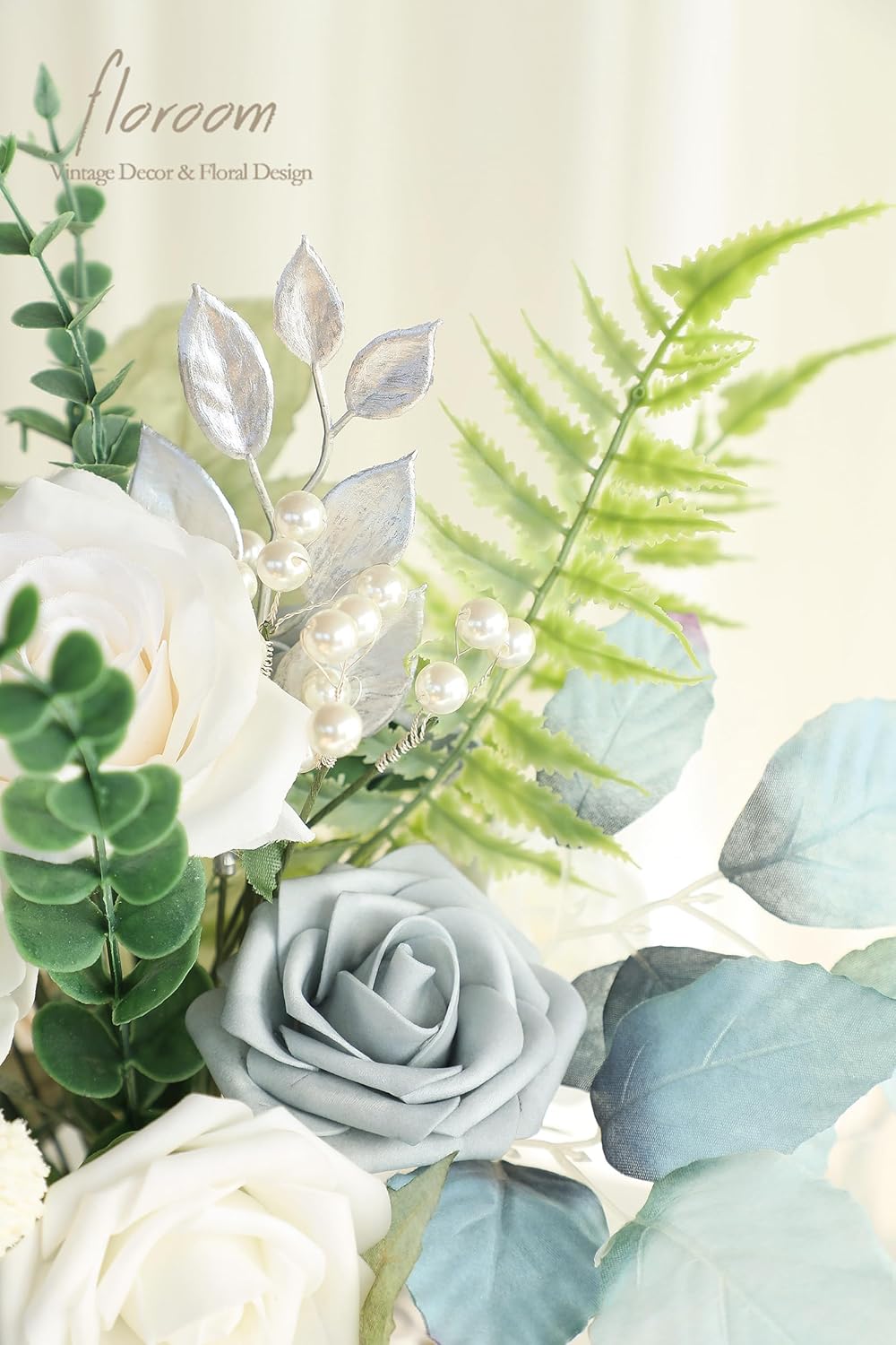 Floroom Artificial Greenery Stems Box Set, 36pcs with 7 Kinds of Faux Greenery Flowers Picks for DIY Bridal Bouquets Wedding Floral Arrangement Table Centerpieces, Dusty Blue & Silver