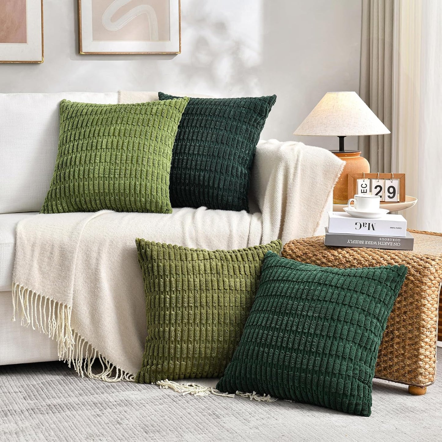 Fancy Homi 4 Packs Boho Moss Green Decorative Throw Pillow Covers 14x14 Inch for Couch Bed Sofa, Rustic Modern Farmhouse Home Decor, Soft Plush Corduroy Cute Square Cushion Case 35x35 cm