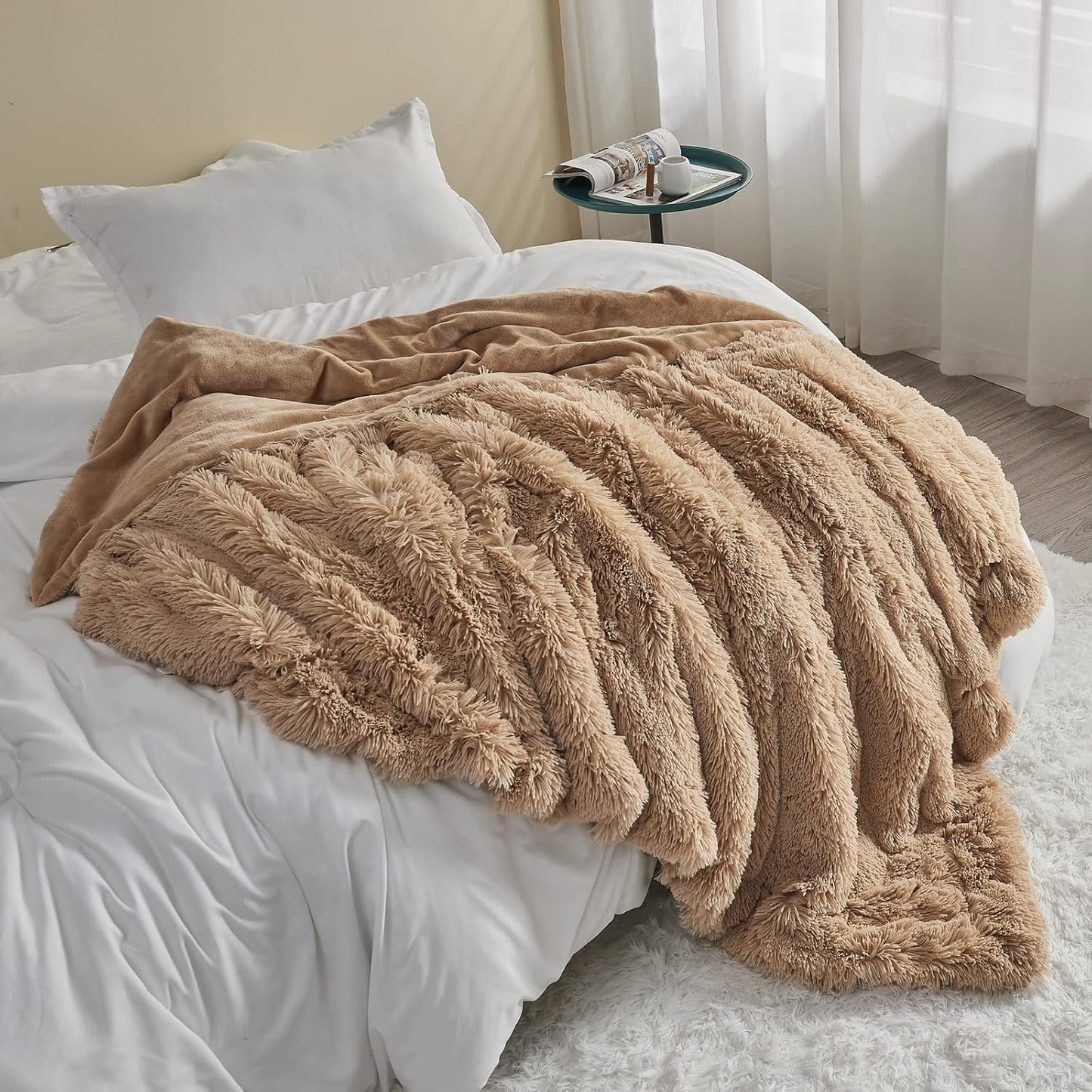 GONAAP Fuzzy Faux Fur Throw Blanket Queen Size Brown Super Soft Cozy Plush Fuzzy Shaggy Blanket for Couch Sofa Bed (Brown, Queen(90"x90"))