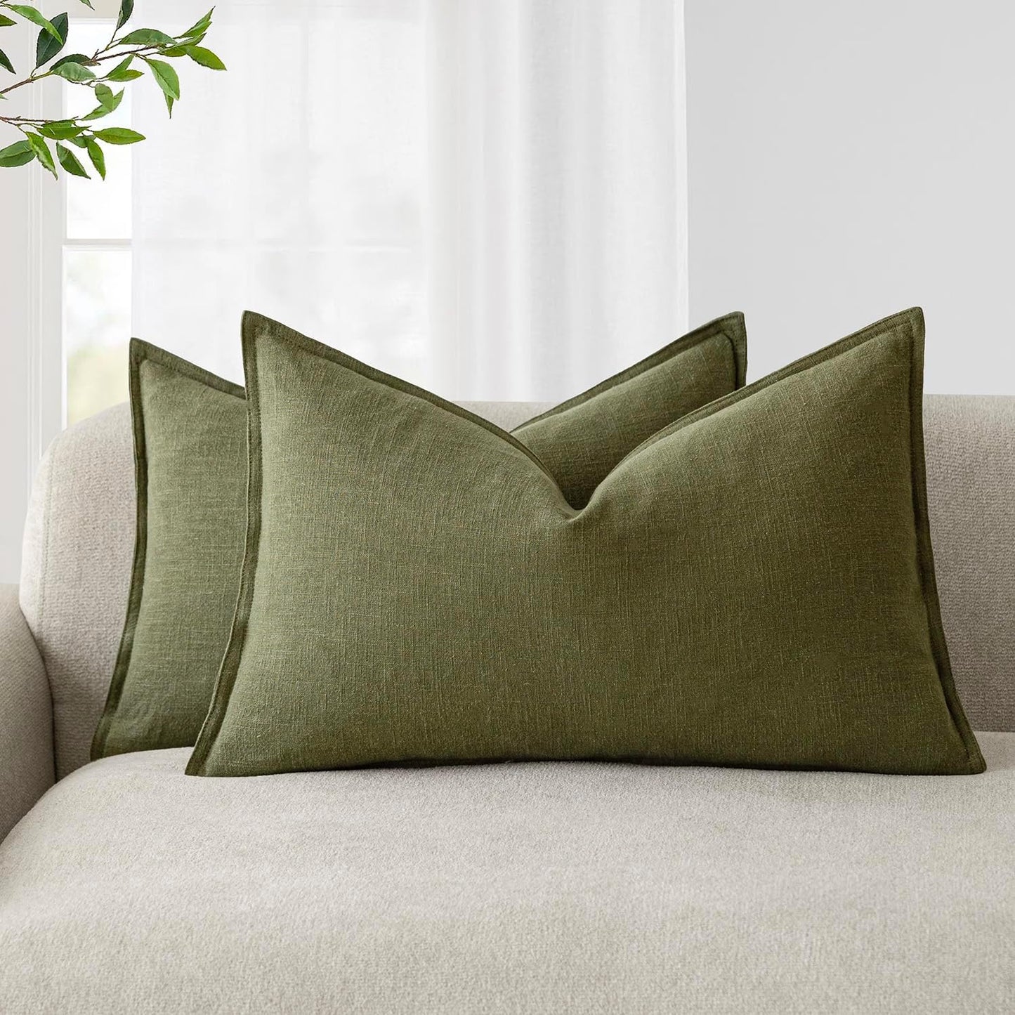 Foindtower Pack of 2, Decorative Linen Soild Throw Pillow Covers Soft Accent Lumbar Cushion Case Boho Farmhouse Pillowcase for Chair Couch Sofa Bedroom Living Room Home Decor 12 x 20 Inch Olive Green