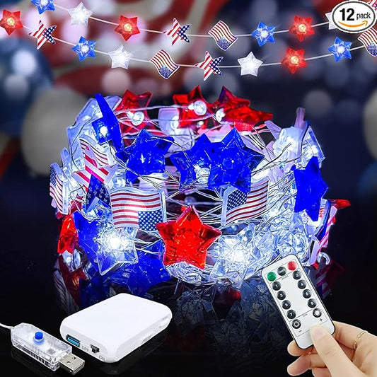 ZGWJ 4th of July Decorations USB String Lights, 1 Pack 50LED 16FT Red White and Blue Flag Stars Patriotic Fairy Lights with Timer Outdoor Waterproof for Memorial Day Presidents Day Independence Day