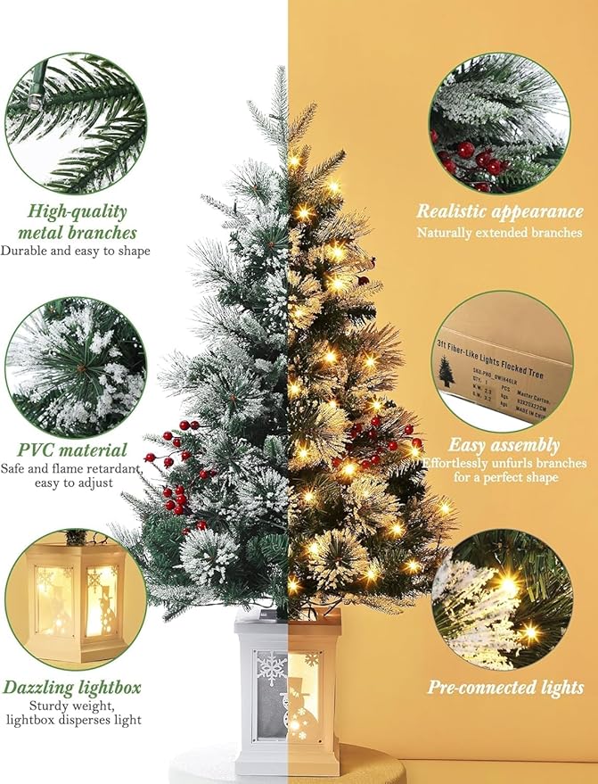 3 Ft Pre-Lit Christmas Tree, Artificial Christmas Trees with Lighting, Xmas Trees with 78 Led Lights, Christmas Decoration for Home, Office, Easy Assembly