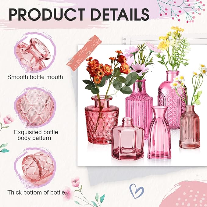 Yaomiao 30 Pcs Vases Bulk Colored Flower Glass Vases Bud Vintage Colored Glass Bottles Colorful Rustic Embossed for Home Wedding Table Decorations Gifts(Pink Series)