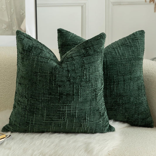 MANDIOO Pack of 2 Soft Chenille Textured Throw Pillow Covers Square Accent Solid Decorative Cushion Cover Cozy Farmhouse Pillow Case for Couch Sofa Bed Living Room 16x16 Inch Dark Green