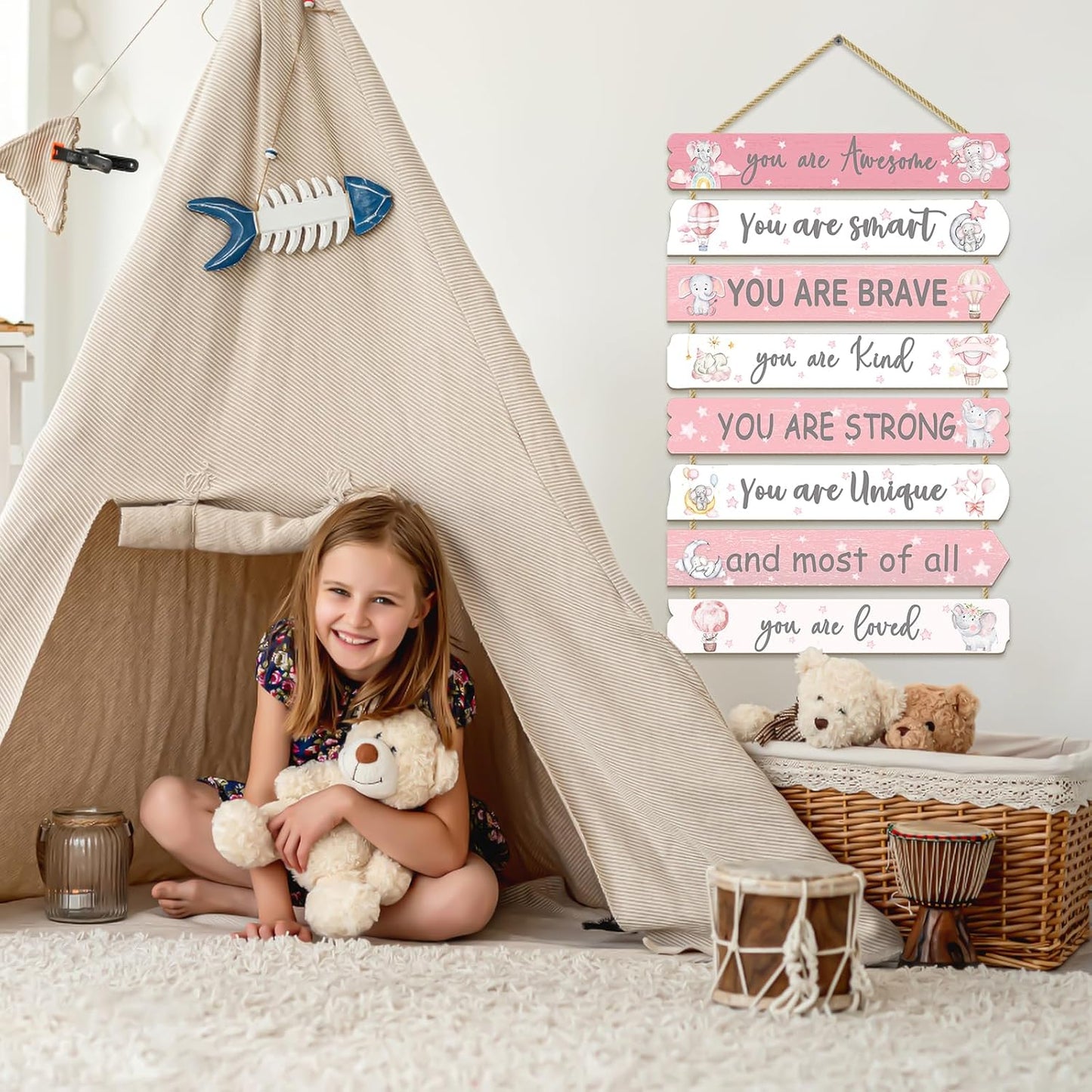 Girls Room Decor Elephant Wall Art Inspirational Wood Sign for Kids Bedroom Nursery Toddler Pink Decorations, 8 Pieces, 11.4"x2"