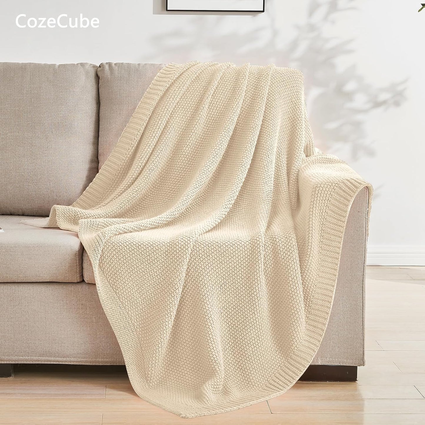 CozeCube Beige Throw Blanket for Couch, Soft Cozy Cable Knit Throw for Bed Sofa Living Room, Lightweight Warm Decorative Farmhouse Christmas Blanket, 60"x80", Light Beige