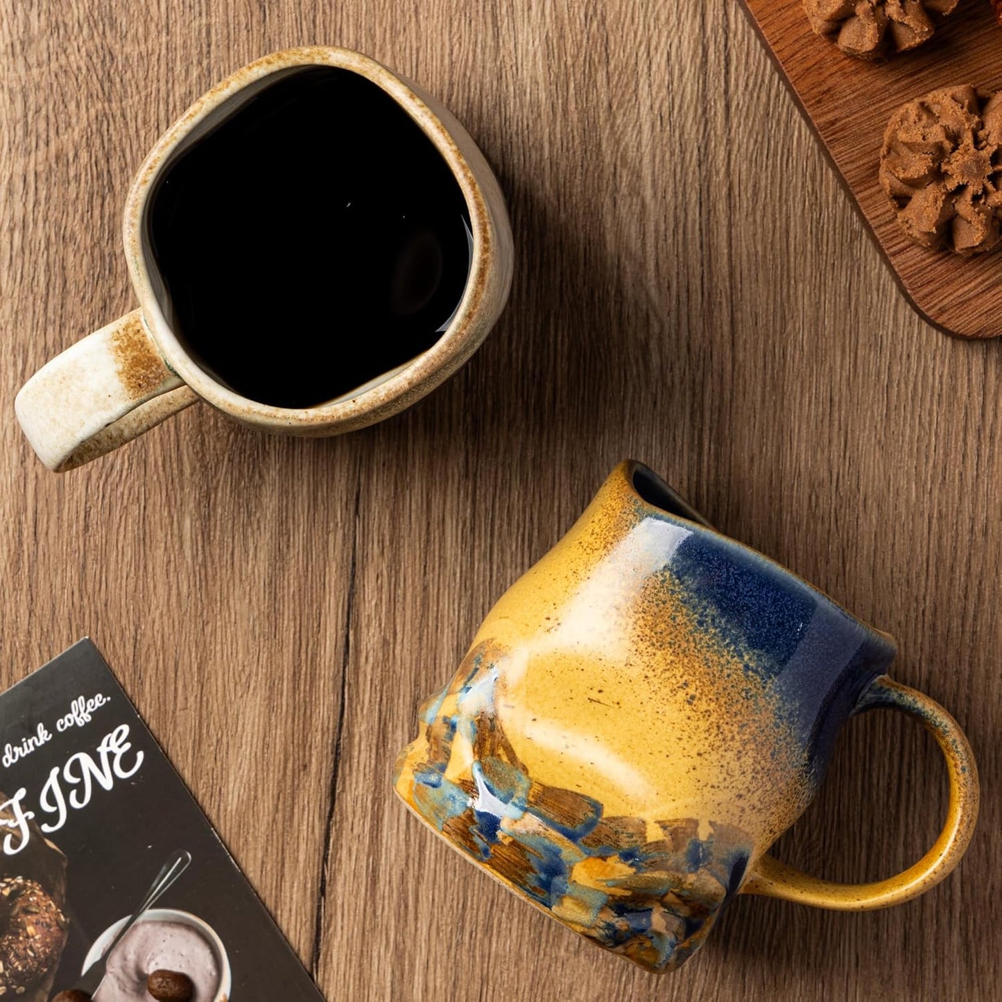 Handmade Ceramic Coffee Mugs, Mugs with Coffee Spoon, 11oz, Handmade Pottery Mug with Handle, Hand-painting, Unique Uneven Surface Tea cups, Dishwasher and Microwave Safe (Yellow)