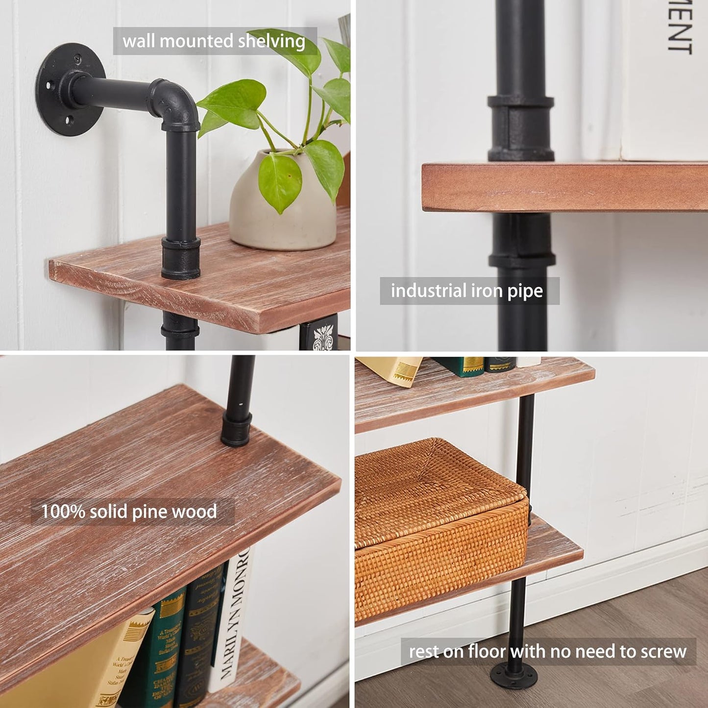 Industrial Ladder Pipe Shelves, Wall Mounted Rustic Bookshelf, Retro Metal Wood Bookcases (Weathered Brown, 6 Tier - 10" D x 24" W x 82.5" H)