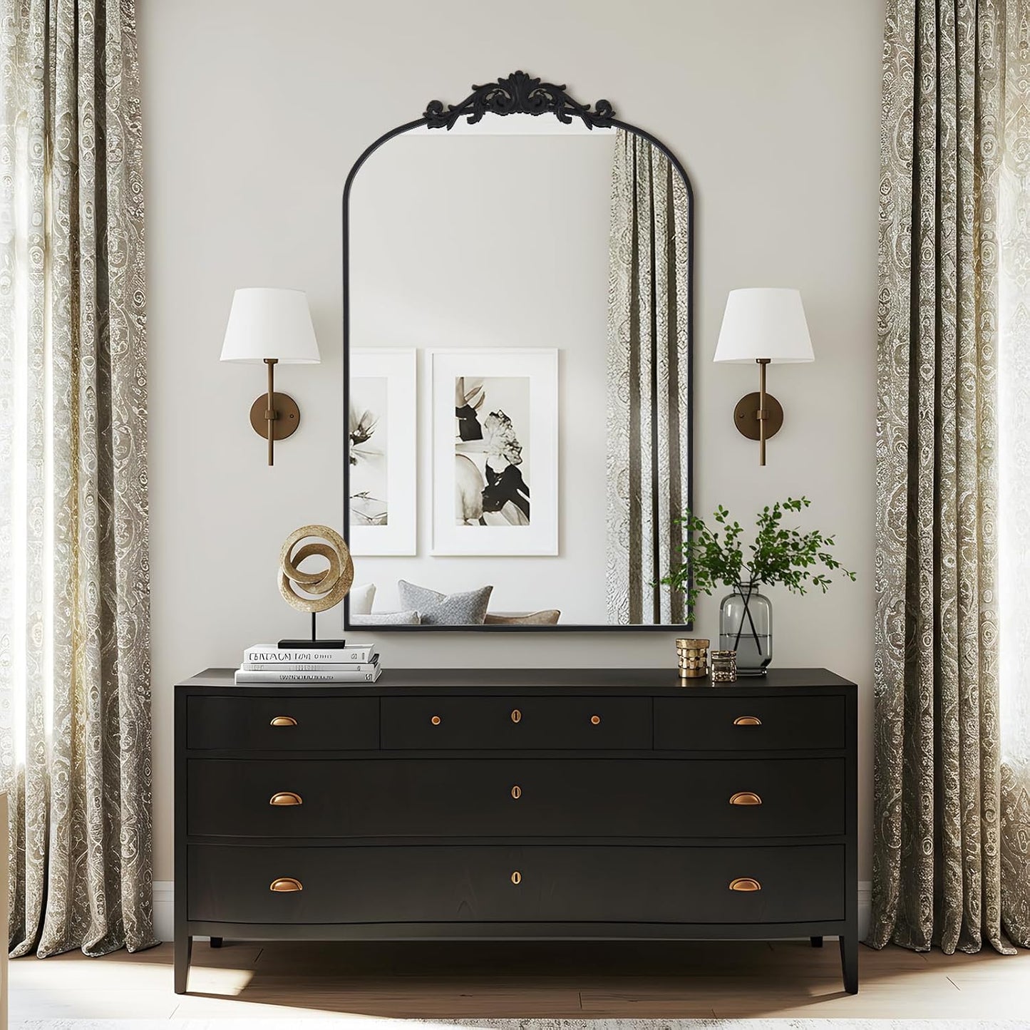 Filigree Arched Wall Mirror 26"x38" Retro Wall-Mounted Mirror with Vintage Ornate Carved Applique Hanging Leaning Antique Home Decor Mirror for Fireplace Living Room Entryway Hallway Bathroom, Black