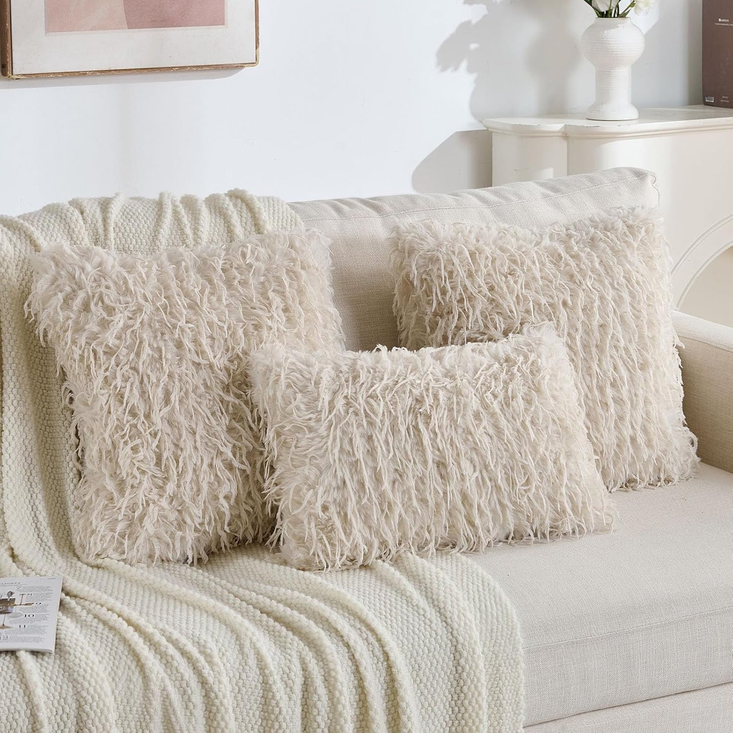 FUTEI Beige Decorative Throw Pillow Covers 18x18 Inch Set of 2,Soft Fluffy Faux Feather Texture Cushion Cases,Modern Home Luxury Decor for Couch Bed Living Room