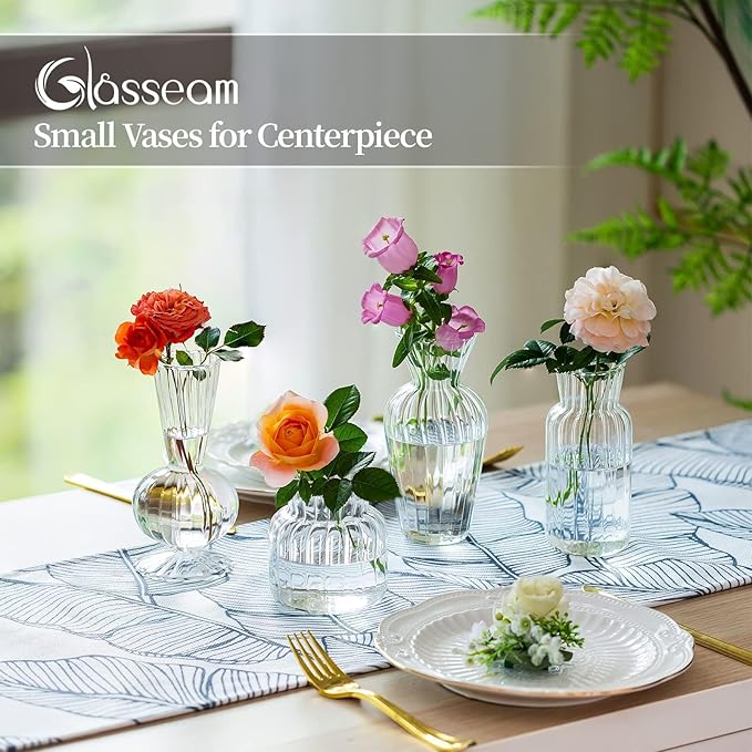 Modern Clear Glass Bud Vase Bulk Set: Glasseam 16Pcs Small Mini Flower Centerpieces Vases Handmade Decorative Cute Short Window Corner Home Decor for Wedding Reception Dining Table Single Rose