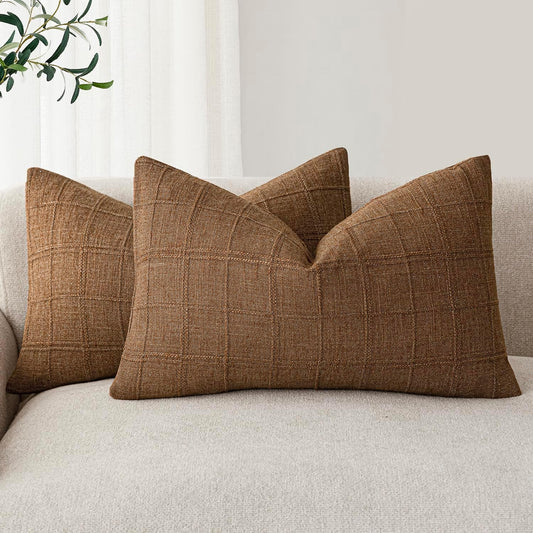 Foindtower Set of 2 Decorative Linen Check Throw Pillow Covers Neutral Farmhouse Lumbar Cushion Covers Modern Boho Home Decor for Sofa Chair Couch Bedroom Living Room,12×20 Inch,Brown Hazel