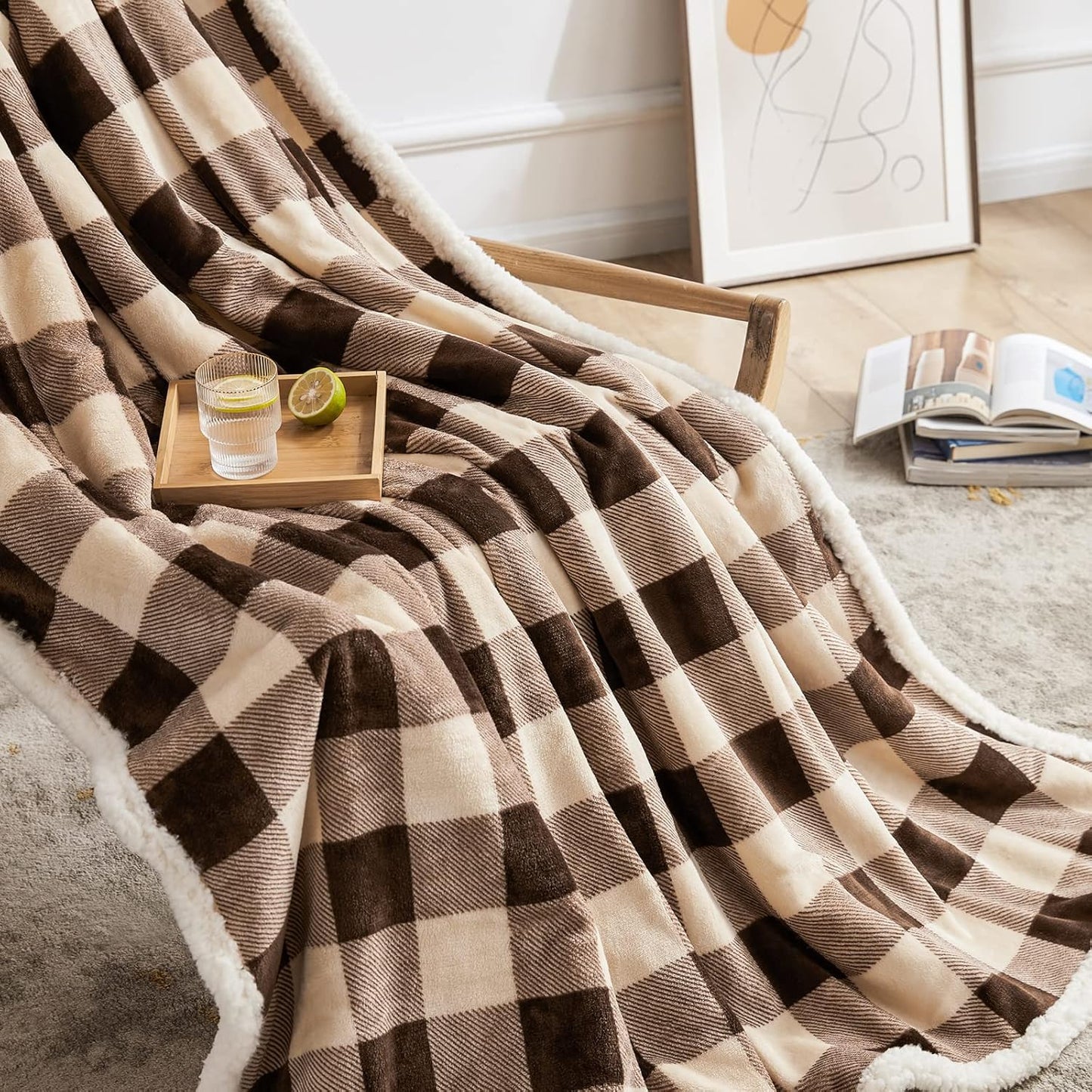 BEAUTEX Sherpa Fleece Throw Blanket, Super Soft Warm Buffalo Plaid Plush Blankets and Throws, Lightweight Cozy Fuzzy Blanket for Couch Sofa Bed (Brown, Throw 50" x 60")