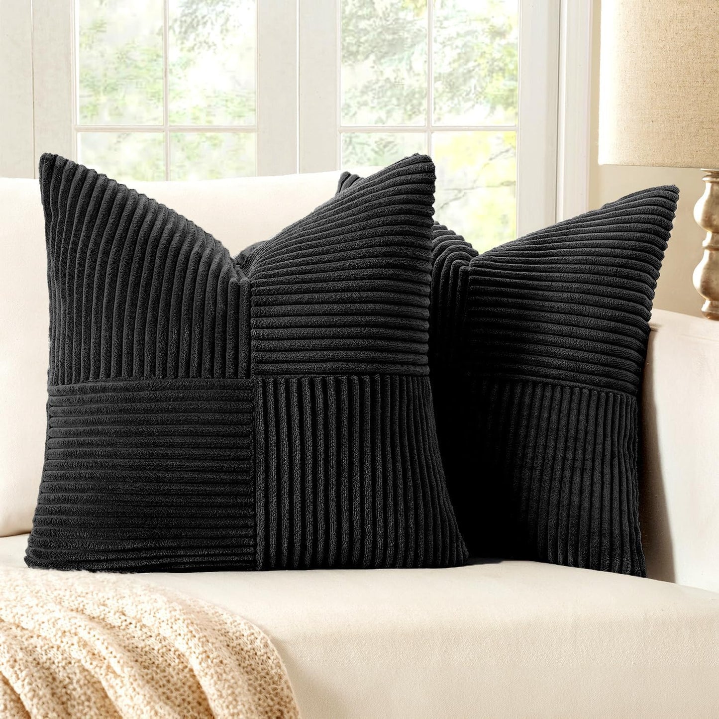 MIULEE Black Corduroy Pillow Covers Pack of 2 Boho Decorative Spliced Throw Pillow Covers Soft Solid Couch Pillowcases Cross Patchwork Textured Cushion Covers for Living Room Bed Sofa 16x16 inch