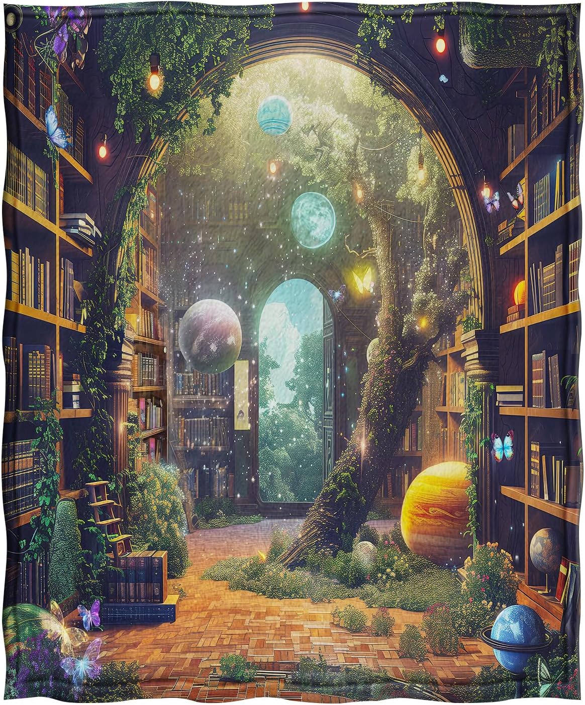 Jekeno Starry Sky Planet Bookshelf Blanket Gifts for Women Men Kids Halloween Birthday Christmas Library Book Bookcase Mysterious Tree Flowers Decor Bedroom Study Classroom Living Room Throw 60"x80"