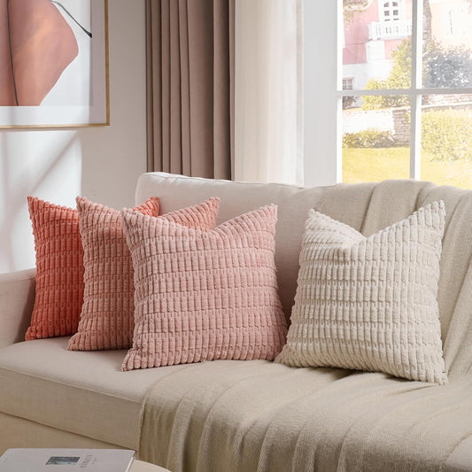 Fancy Homi 4 Packs Boho Blush Pink Small Decorative Throw Pillow Covers 14x14 Inch for Living Room Couch Sofa, Soft Plush Textured Corduroy Square Light Pink Coral Peach Cream Cushion Case 35x35 cm