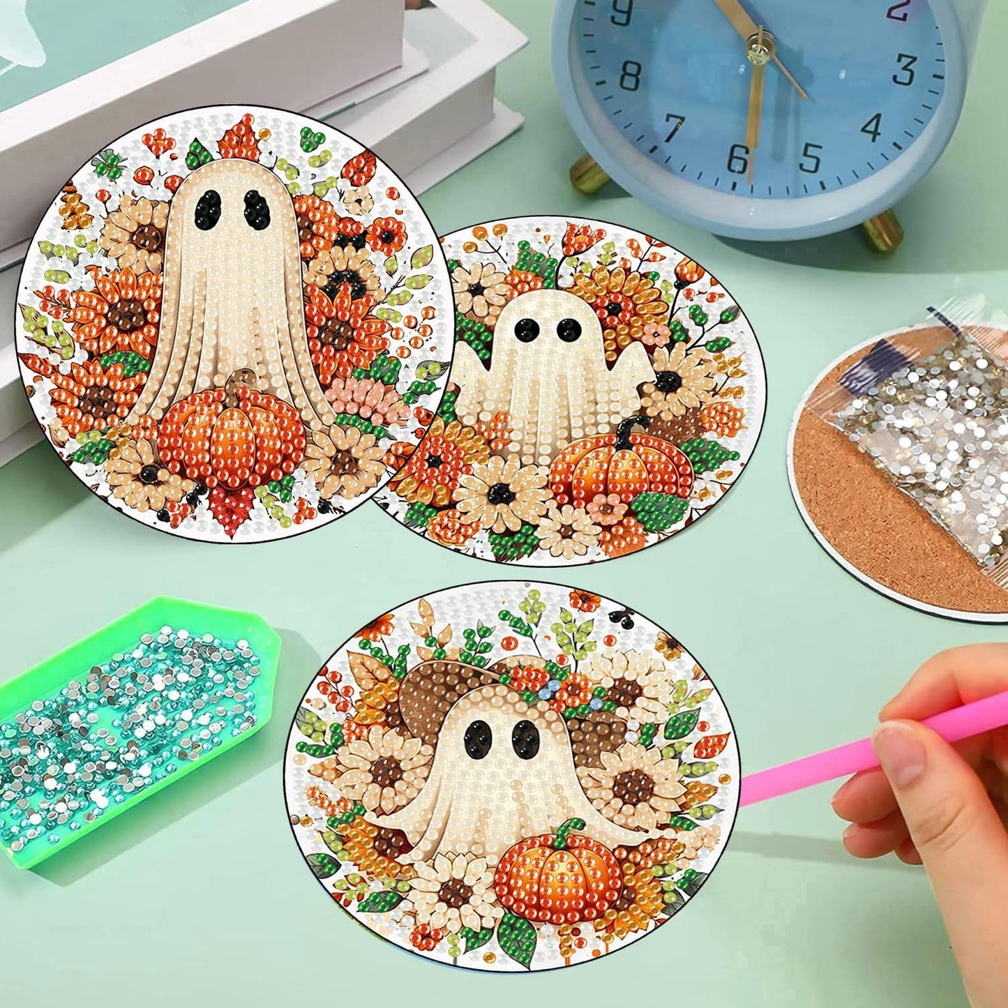 Meothan 8 Pcs Halloween Diamond Art Coasters Kits for Adults with Holder Cork Pads, Fall Diamond Dots Art Painting Coasters Crafts Kit for Home Office Decor (Ghost Theme)