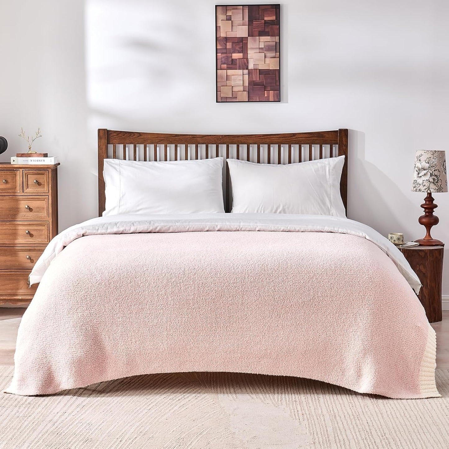 CozeCube Super Soft Fullfy Microfiber Reversible Knitted Blankets, Warm Cozy Fuzzy Plush Throw, Pink and White Melange Throw Blanket for Couch Bed Sofa, 50" x 60"