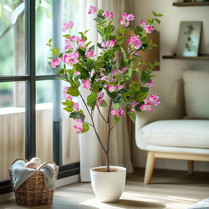 4FT Artificial Bougainvillea Tree Artificial Tree Tall Potted Fake Bougainvillea Trees for Outdoor Indoor Lifelike Potted Faux Plants with Wood Trunk and Flowers Office Wedding Home Decor
