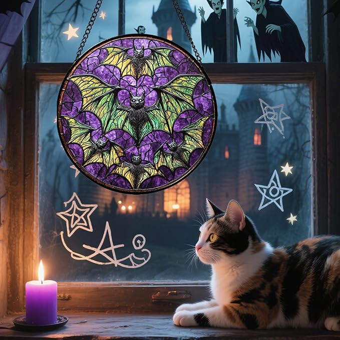 Stained Glass Window Hanging - Halloween Decorations Bats Suncatcher for Doors Garden Indoor Spooky Funny Purple Sun Catchers Gothic Decor Horror Gifts for Women Men Friend 9.8 in