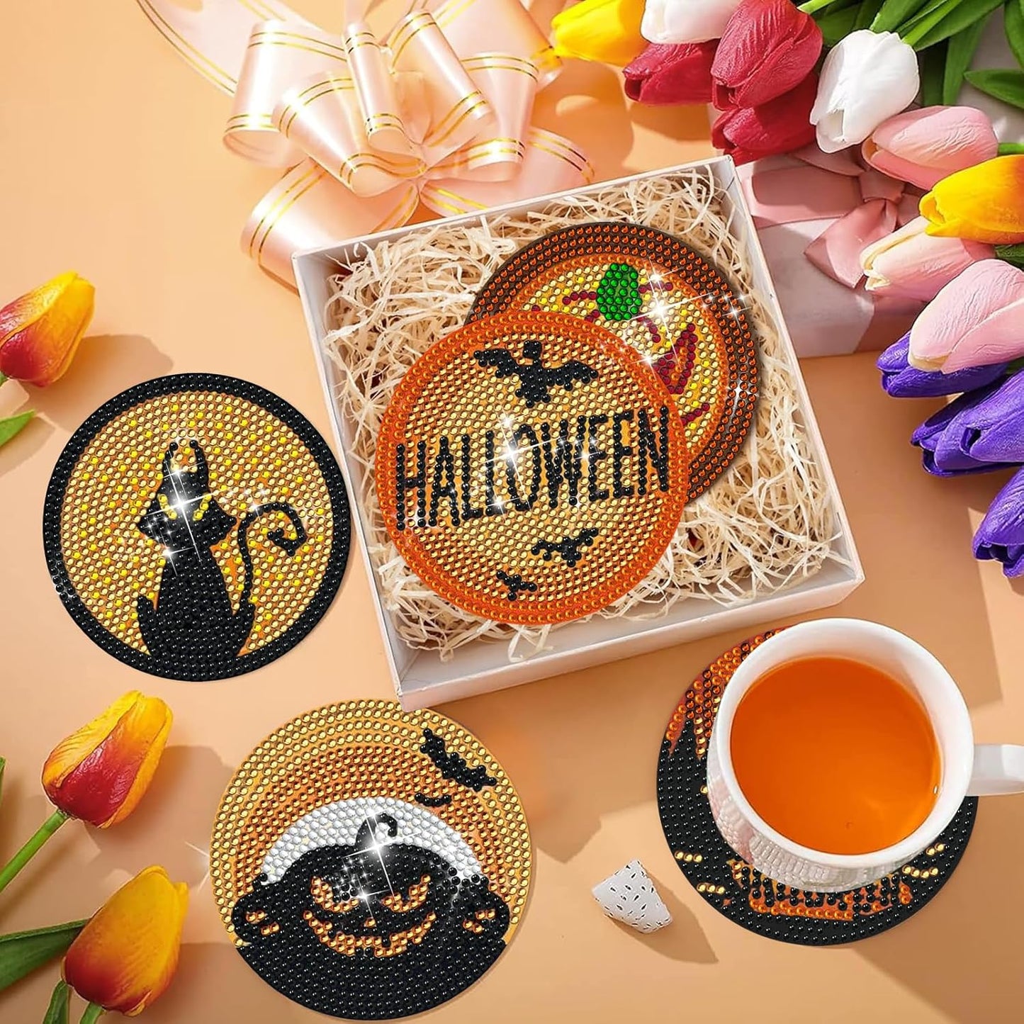 DOTSOPS 6 Pcs Halloween Diamond Art Kits for Adults Diamond Art Coasters with Holder for Adults Beginners Diamond Craft for Christmas Halloween